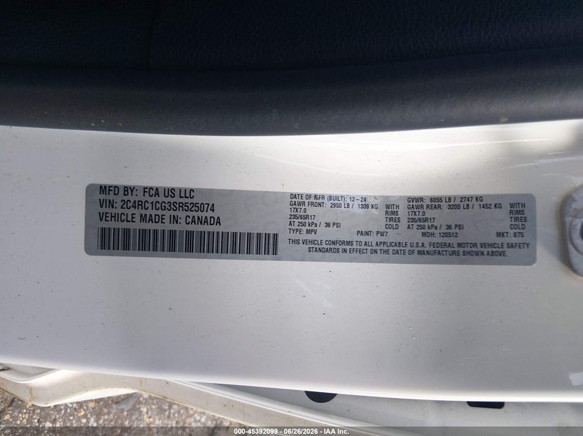 2025 Chrysler Voyager Lx VIN: 2C4RC1CG3SR525074 Lot: 45392099