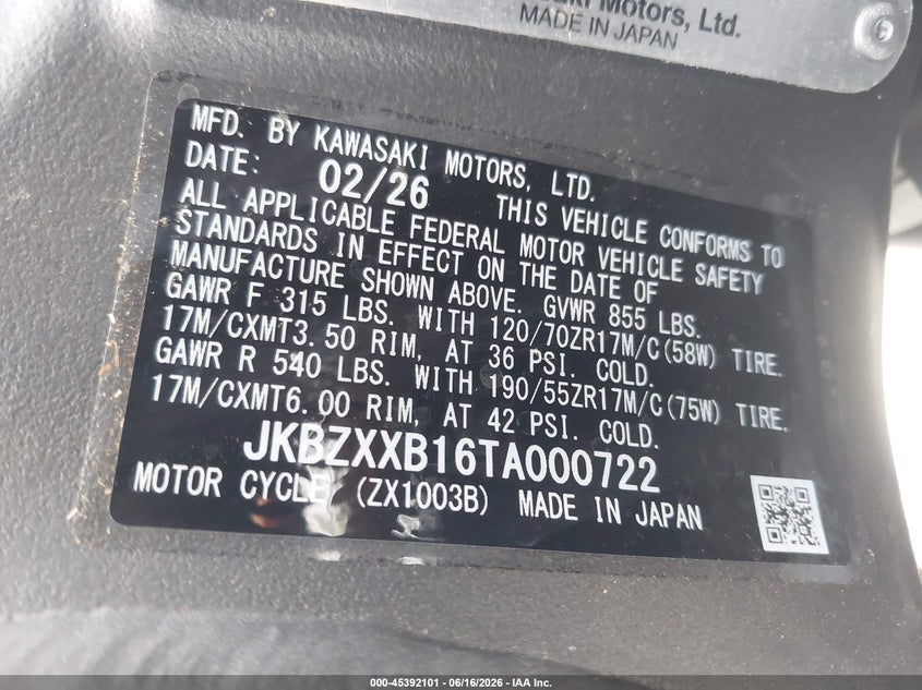 2026 Kawasaki Zx1000 VIN: JKBZXXB16TA000722 Lot: 45392101