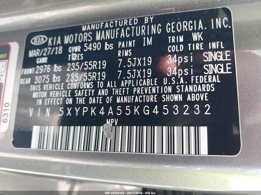 2019 Kia Sorento 3.3L Sx VIN: 5XYPK4A55KG453232 Lot: 45392102
