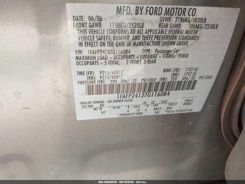2007 Ford Five Hundred Sel VIN: 1FAFP24127G116084 Lot: 45392118