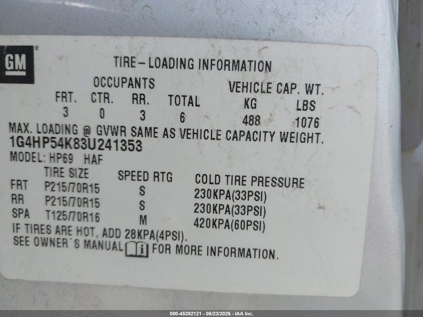 2003 Buick Lesabre Custom VIN: 1G4HP54K83U241353 Lot: 45392121