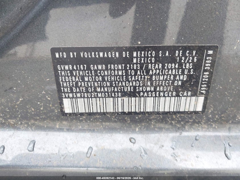 2026 Volkswagen Jetta S VIN: 3VW5W7BU2TM031438 Lot: 45392143