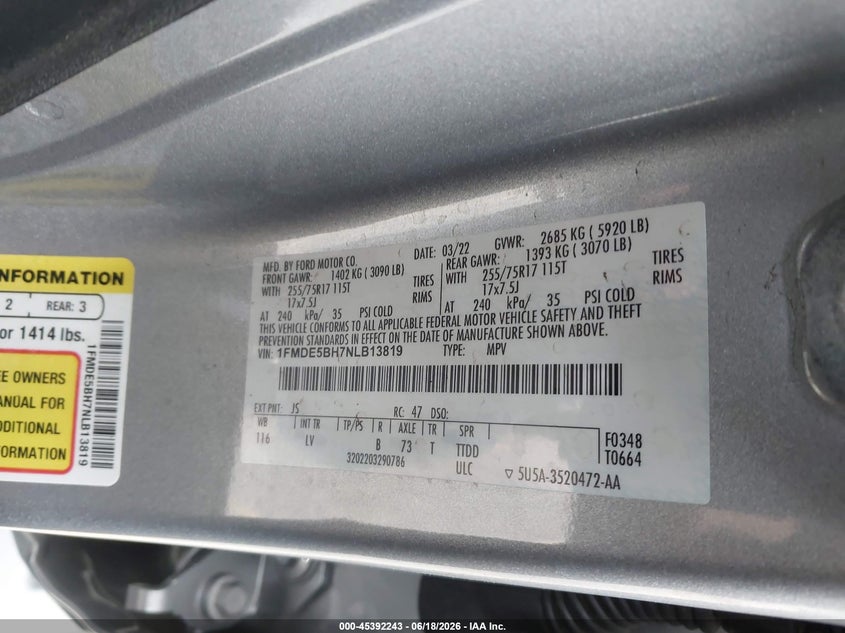2022 Ford Bronco Big Bend VIN: 1FMDE5BH7NLB13819 Lot: 45392243