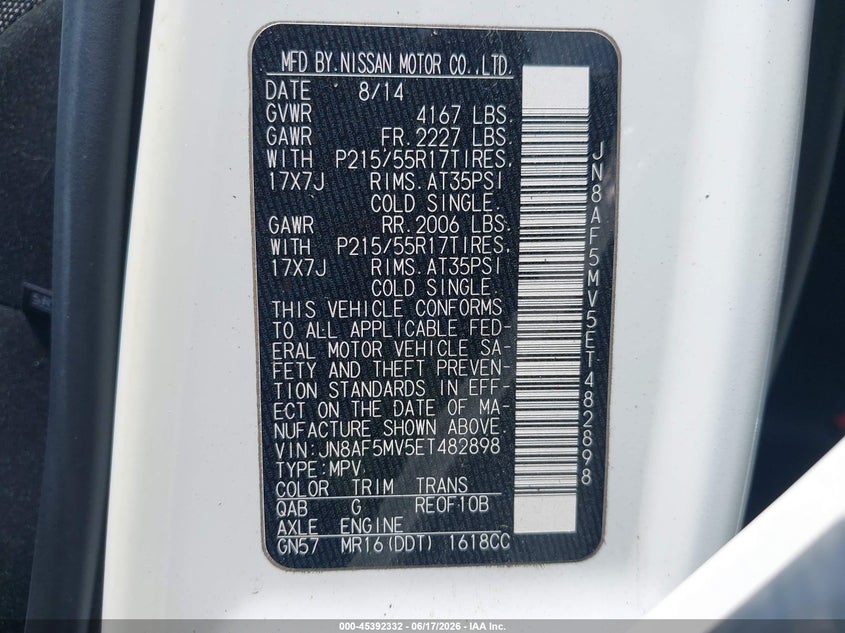 2014 Nissan Juke Sv VIN: JN8AF5MV5ET482898 Lot: 45392332
