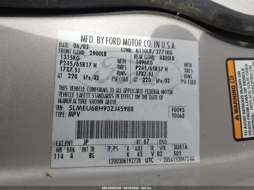 2003 Lincoln Aviator VIN: 5LMEU68H93ZJ45988 Lot: 45392348