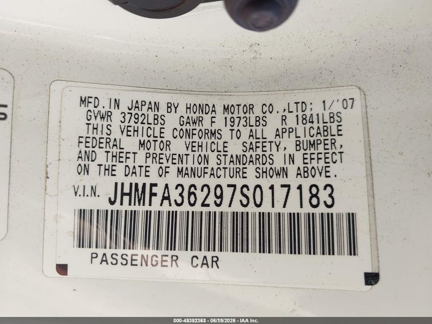 2007 HONDA CIVIC SEDAN 1.3L I-4 VVT, 93HP