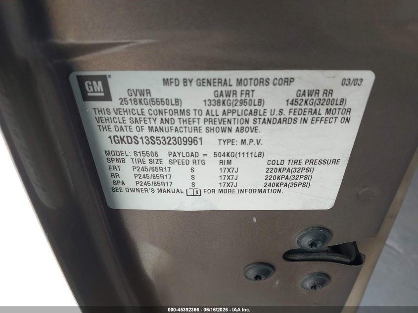 2003 GMC Envoy Sle VIN: 1GKDS13S532309961 Lot: 45392366