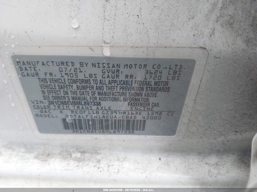2021 NISSAN VERSA SEDAN 1.6L I-4 DOHC, VVT, 122HP