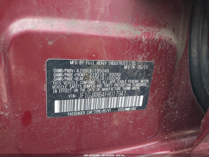 2015 SUBARU IMPREZA SEDAN 2.0L H-4 DOHC, VVT, 148HP