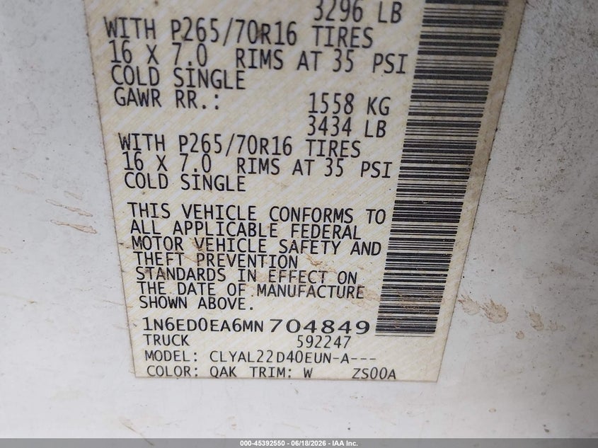 2021 NISSAN NAVARA (FRONTIER) TRUCK 3.8L V-6 DI, DOHC, VVT, 310HP