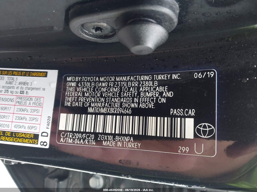 2019 Toyota C-Hr Le VIN: NMTKHMBX8KR094646 Lot: 45392556