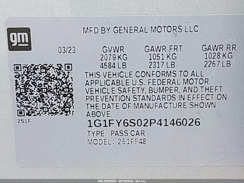 2023 Chevrolet Bolt Euv Fwd Lt VIN: 1G1FY6S02P4146026 Lot: 45392603
