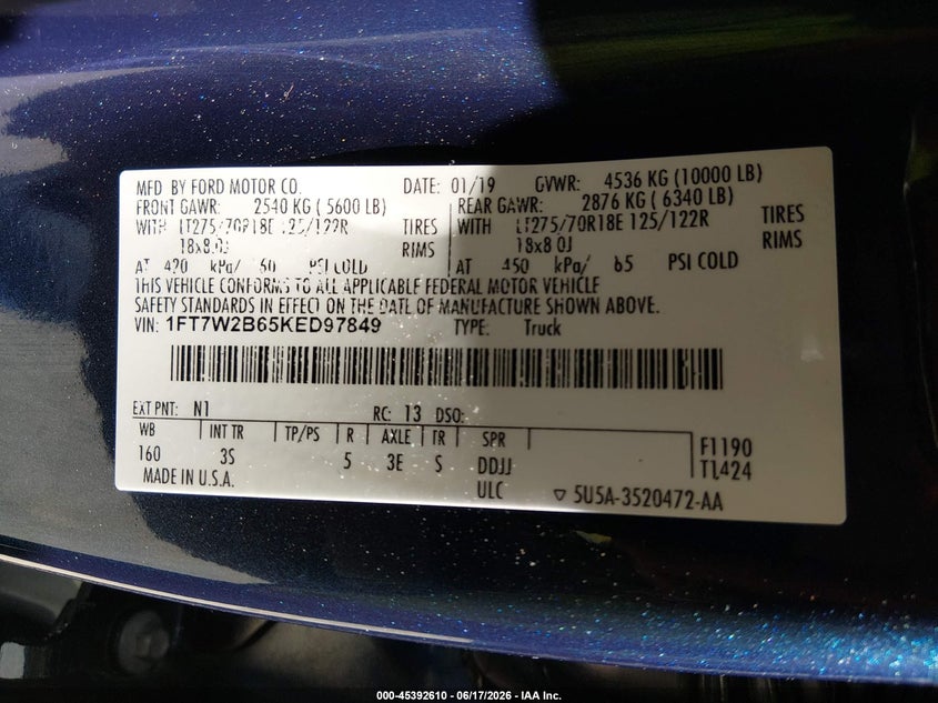 2019 Ford F-250 King Ranch/Lariat/Platinum/Xl/Xlt VIN: 1FT7W2B65KED97849 Lot: 45392610