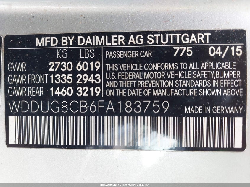 2015 Mercedes-Benz S 550 VIN: WDDUG8CB6FA183759 Lot: 45392637