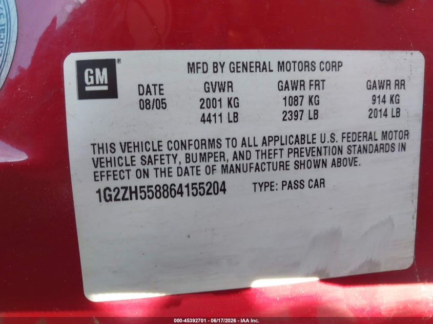2006 Pontiac G6 Gt VIN: 1G2ZH558864155204 Lot: 45392701