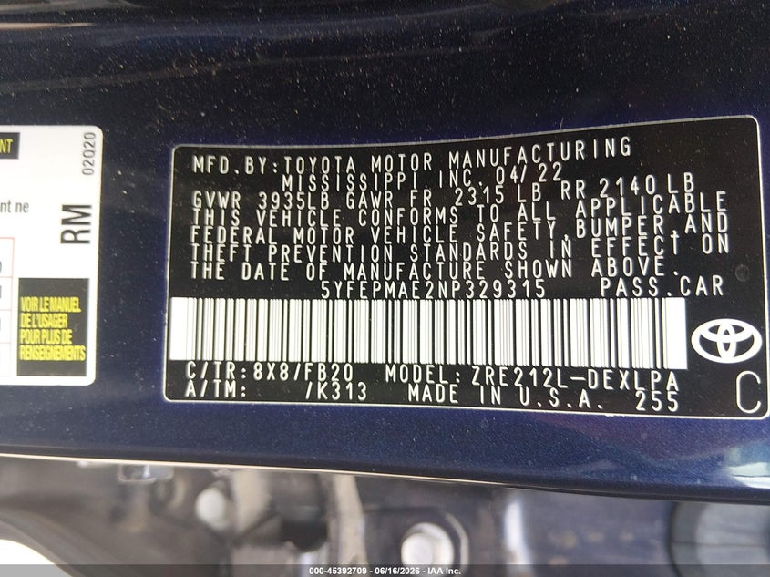 VIN 5YFEPMAE2NP329315 2022 TOYOTA COROLLA LE