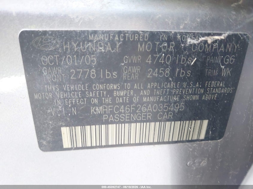 2006 Hyundai Azera Limited/Se VIN: KMHFC46F26A035495 Lot: 45392747