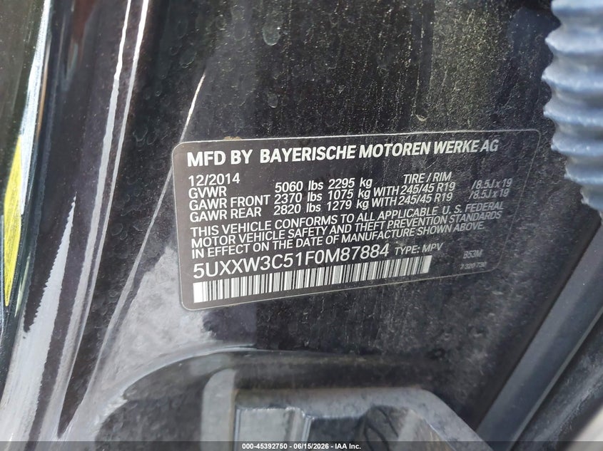 2015 BMW X4 xDrive28I VIN: 5UXXW3C51F0M87884 Lot: 45392750