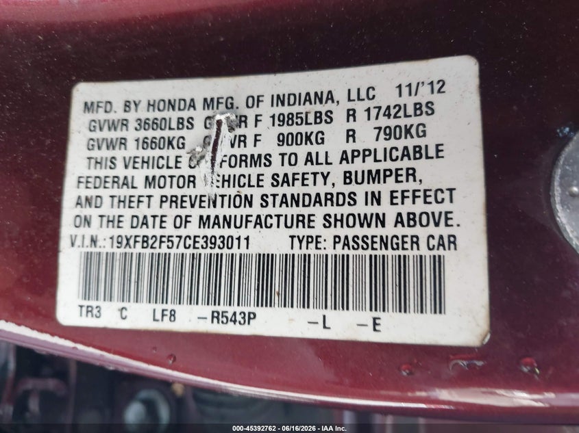 2012 Honda Civic Lx VIN: 19XFB2F57CE393011 Lot: 45392762