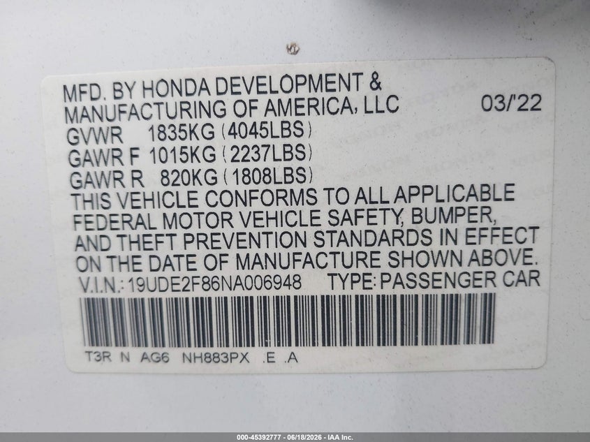 2022 Acura Ilx Premium A-Spec Packages/Technology A-Spec Packages VIN: 19UDE2F86NA006948 Lot: 45392777