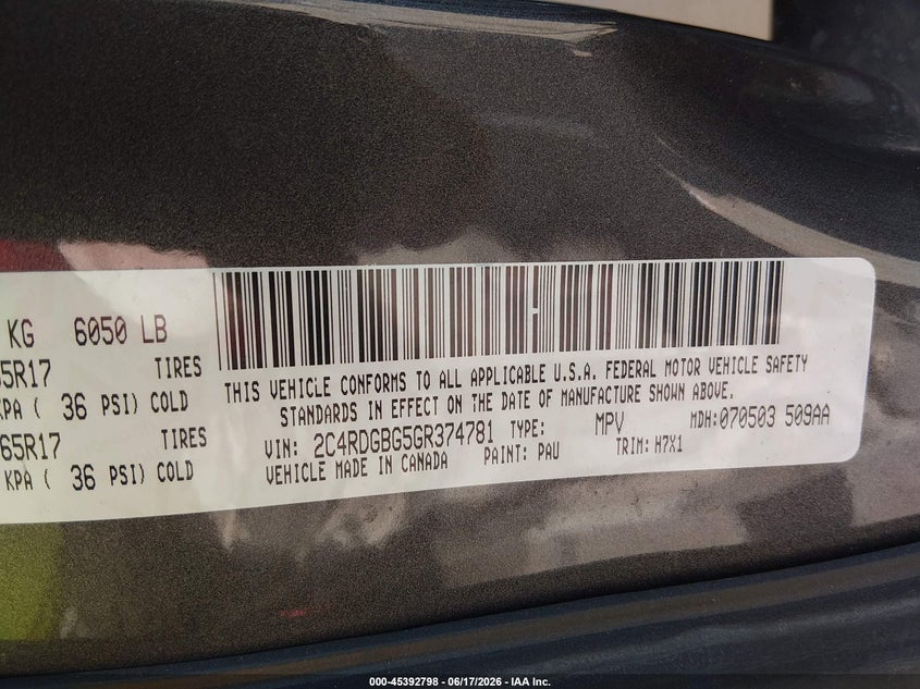 2016 Dodge Grand Caravan Se VIN: 2C4RDGBG5GR374781 Lot: 45392798