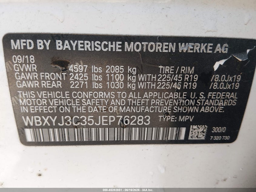 2018 BMW X2 Sdrive28I VIN: WBXYJ3C35JEP76283 Lot: 45392851