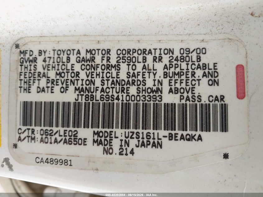 2001 Lexus Gs 430 VIN: JT8BL69S410003393 Lot: 45392884