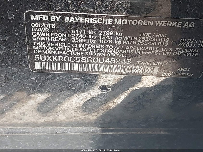 2016 BMW X5 xDrive35I VIN: 5UXKR0C58G0U48243 Lot: 45392937