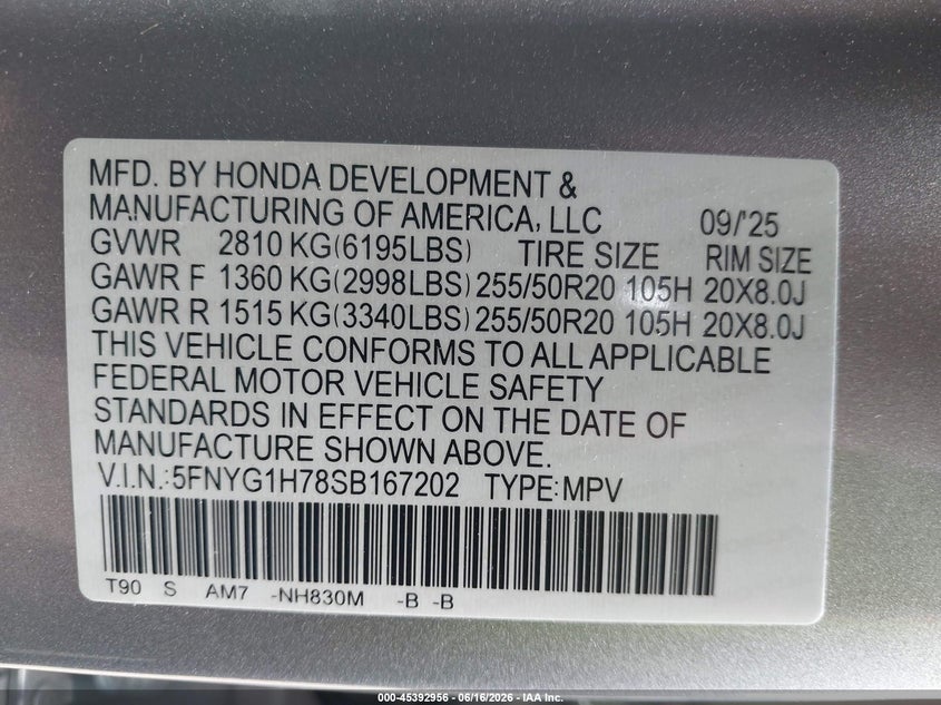 2025 Honda Pilot Touring VIN: 5FNYG1H78SB167202 Lot: 45392956