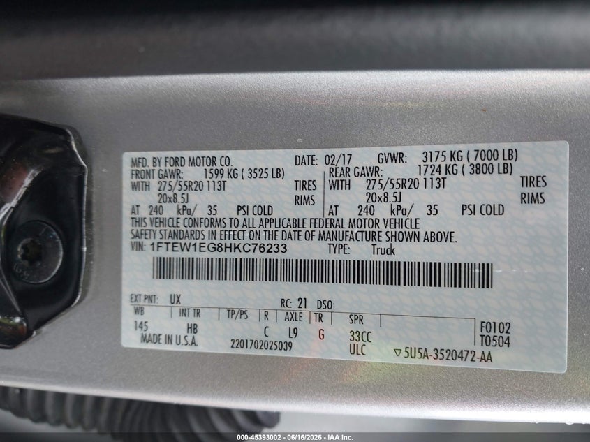 2017 FORD F-150 TRUCK 3.5L V-6 DI, DOHC, VVT, TURBO, 375HP