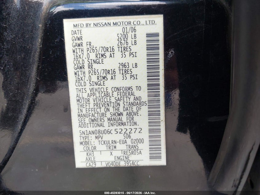 2006 Nissan Xterra S VIN: 5N1AN08U06C522272 Lot: 45393015