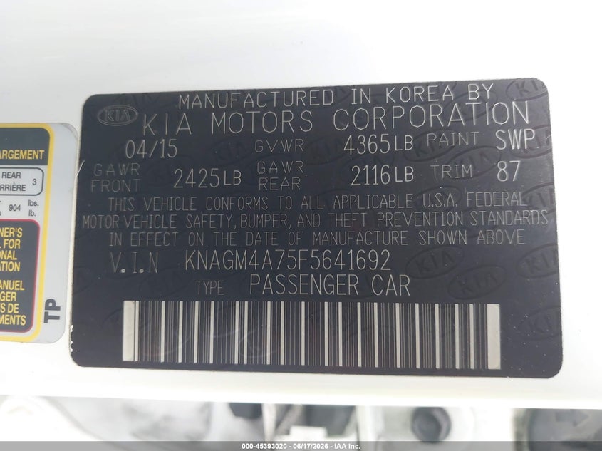 2015 Kia Optima Lx VIN: KNAGM4A75F5641692 Lot: 45393020