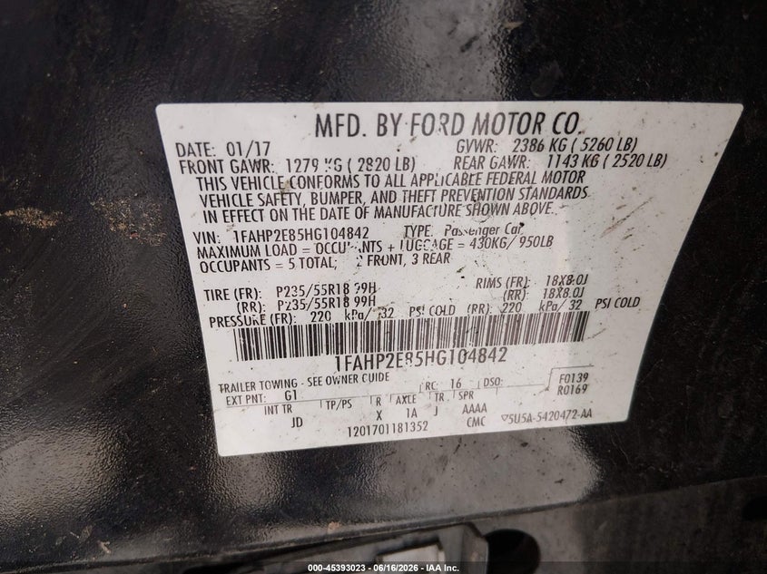 2017 Ford Taurus Sel VIN: 1FAHP2E85HG104842 Lot: 45393023