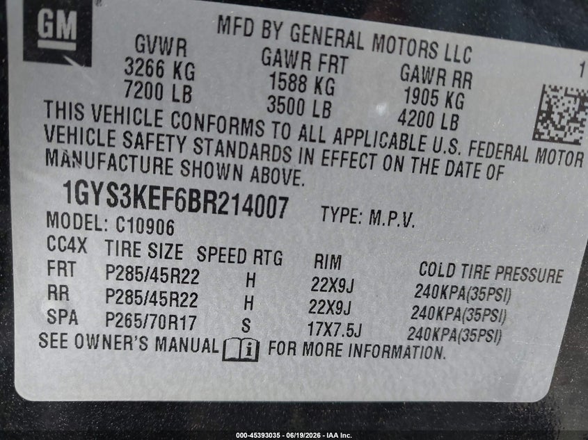 2011 Cadillac Escalade Esv Platinum Edition VIN: 1GYS3KEF6BR214007 Lot: 45393035
