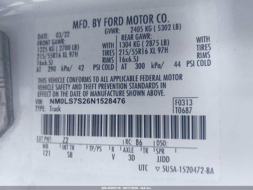 2022 Ford Transit Connect Xl VIN: NM0LS7S26N1528476 Lot: 45393118