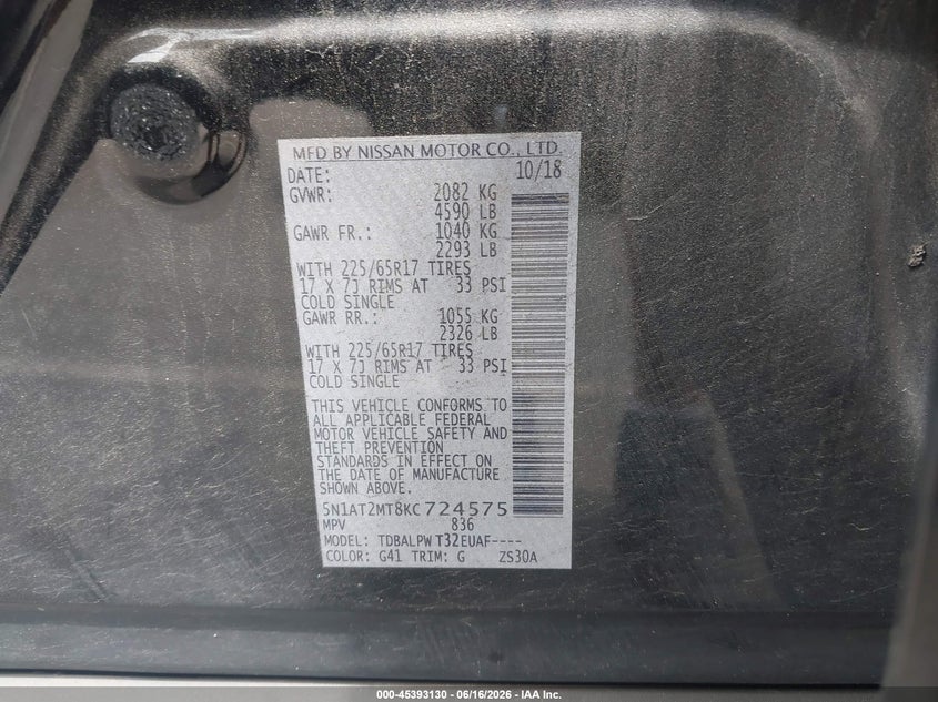 VIN 5N1AT2MT8KC724575 2019 NISSAN ROGUE S