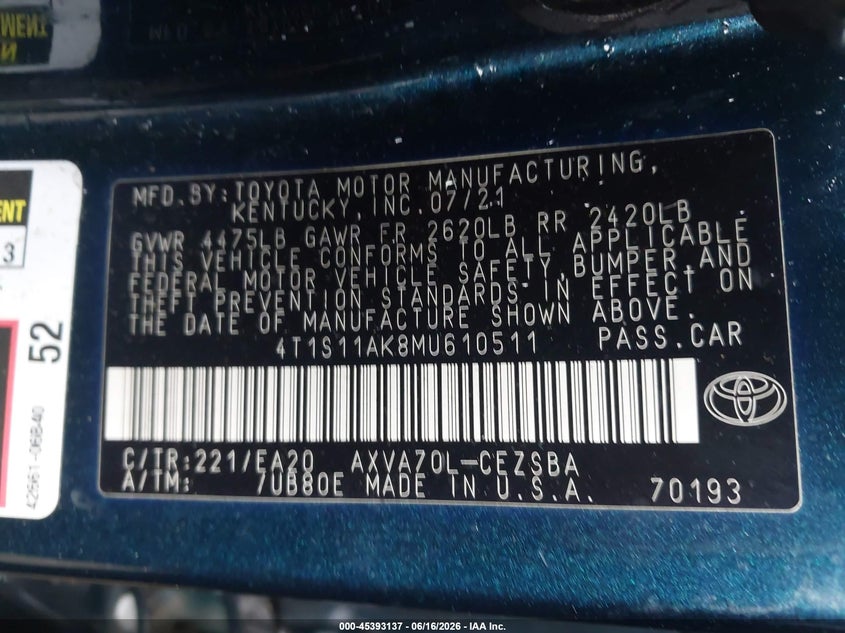 TOYOTA CAMRY 2021 VIN 4T1S11AK8MU610511