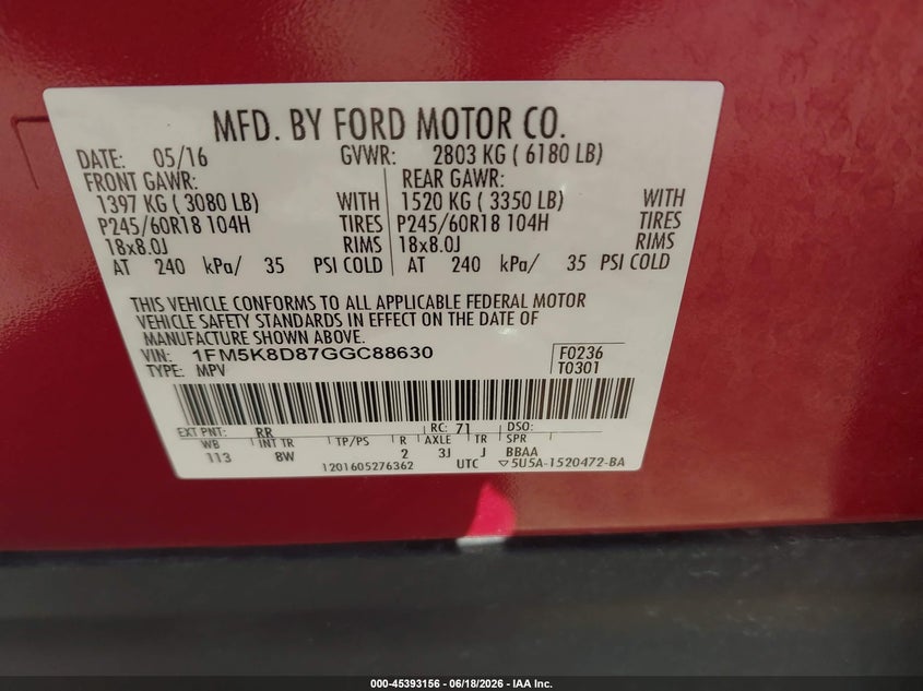 FORD EXPLORER 2016 VIN 1FM5K8D87GGC88630