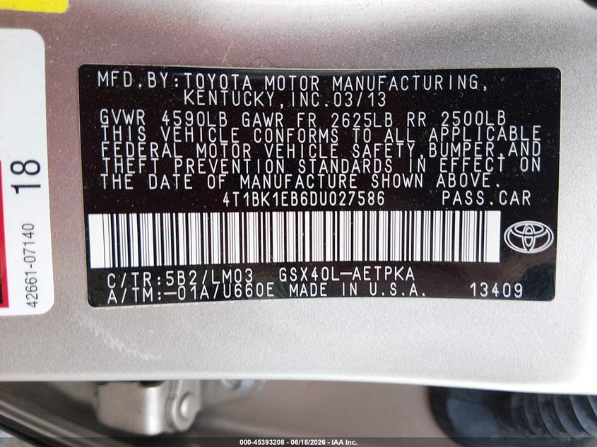 2013 Toyota Avalon Limited VIN: 4T1BK1EB6DU027586 Lot: 45393208