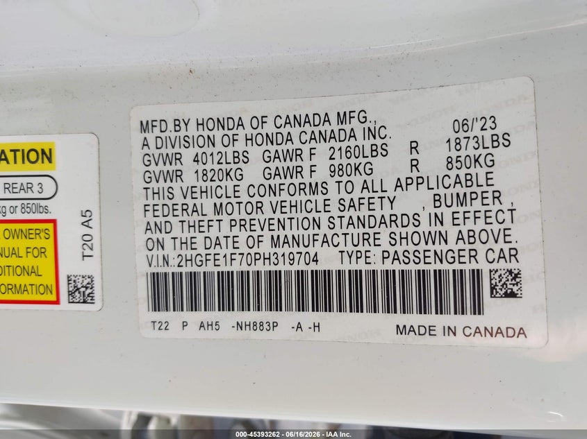 2023 HONDA CIVIC SEDAN 1.5L I-4 DI, DOHC, VVT, TURBO, 180HP
