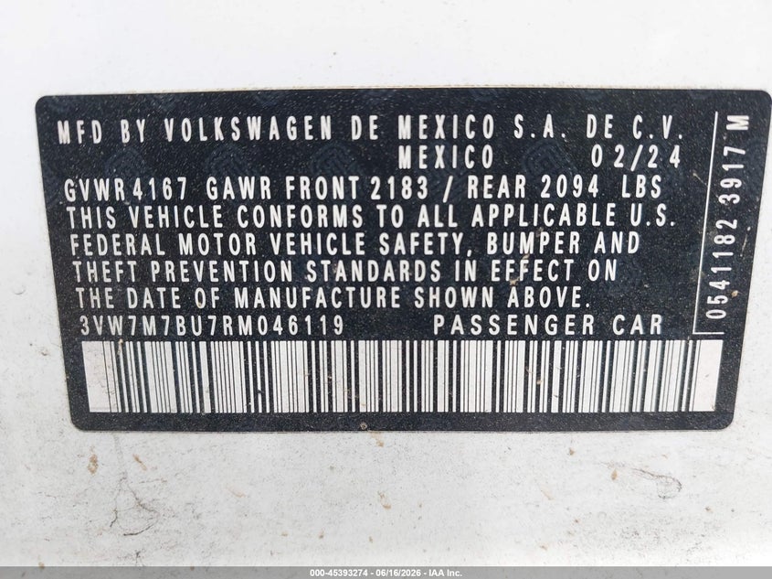 VOLKSWAGEN JETTA 2024 VIN 3VW7M7BU7RM046119