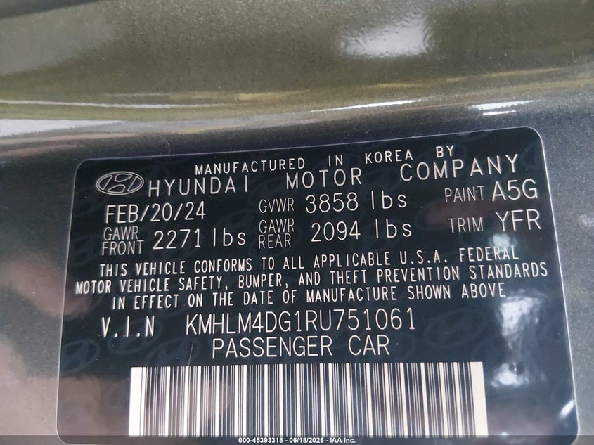 2024 Hyundai Elantra Sel VIN: KMHLM4DG1RU751061 Lot: 45393318