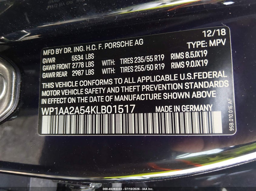 2019 Porsche Macan VIN: WP1AA2A54KLB01517 Lot: 45393333