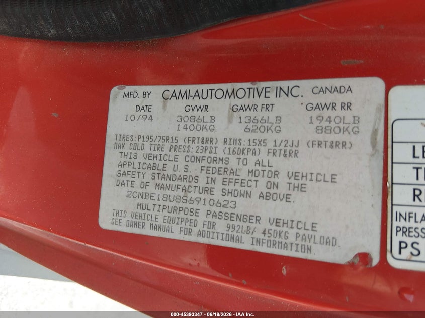 1995 Geo Tracker VIN: 2CNBE18U8S6910623 Lot: 45393347