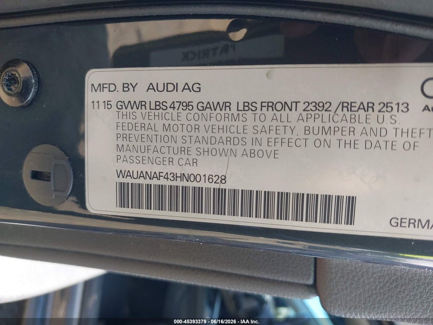 2017 Audi A4 Premium VIN: WAUANAF43HN001628 Lot: 45393379