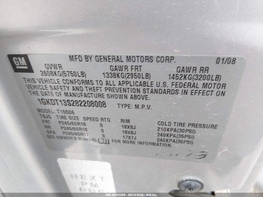 2008 GMC Envoy Slt VIN: 1GKDT13S282208008 Lot: 45393389