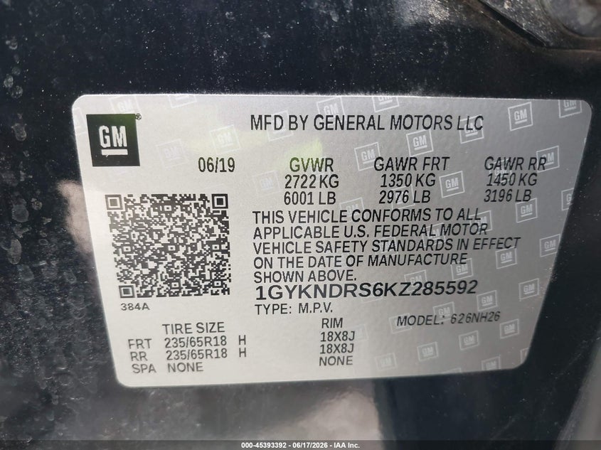 2019 Cadillac Xt5 Luxury VIN: 1GYKNDRS6KZ285592 Lot: 45393392