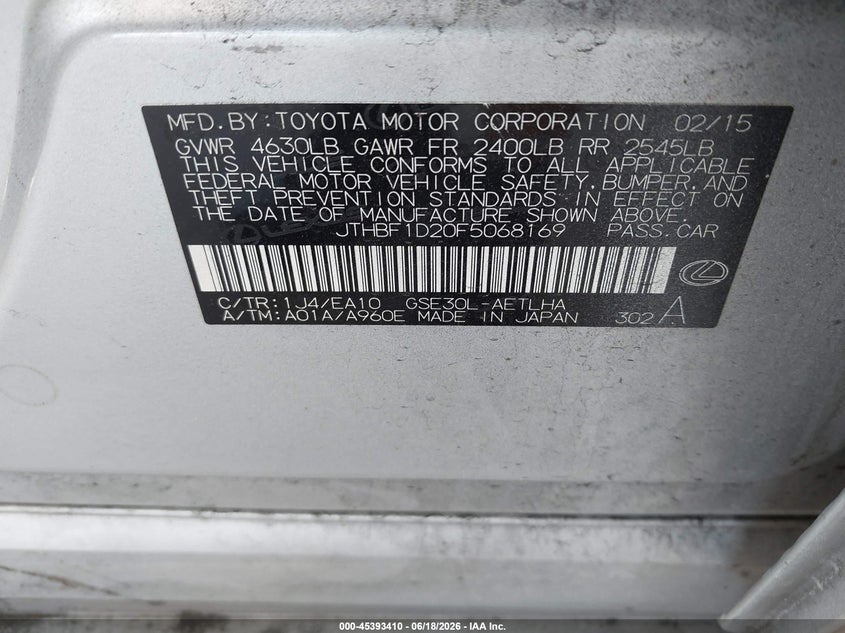 2015 Lexus Is 250 VIN: JTHBF1D20F5068169 Lot: 45393410