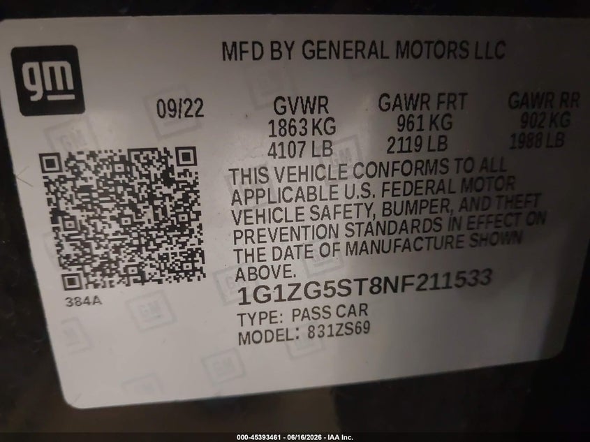 2022 Chevrolet Malibu Fwd Rs VIN: 1G1ZG5ST8NF211533 Lot: 45393461