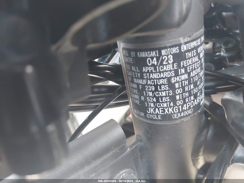 2023 Kawasaki Ex400 VIN: JKAEXKG14PDAR9482 Lot: 45393486